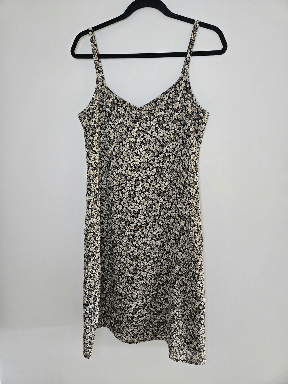 Old Navy brown + cream floral slip midi dress, fully lined, works for layering!